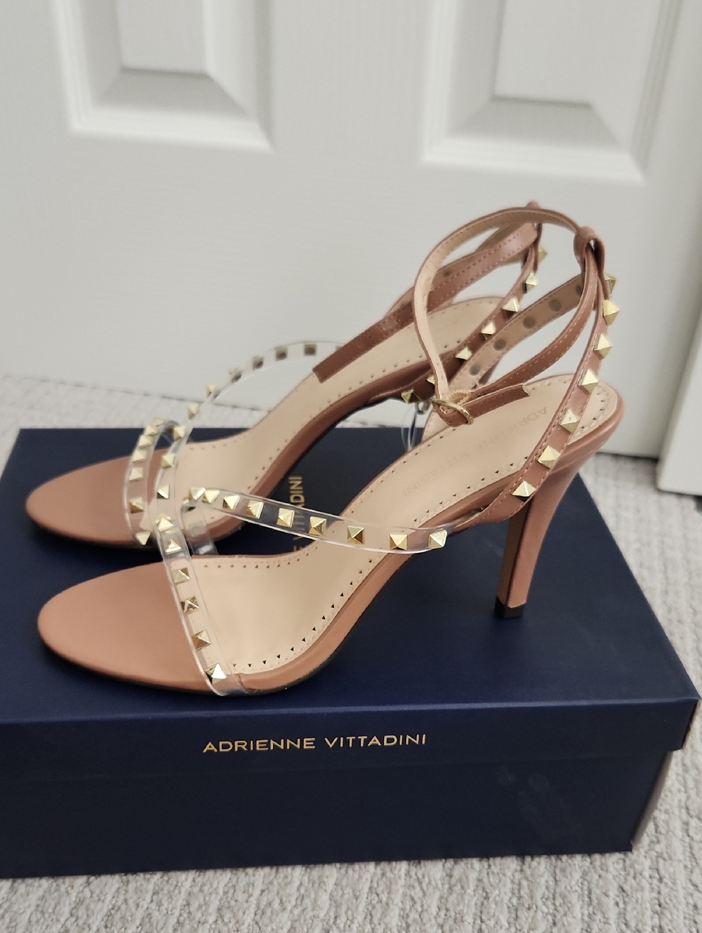 Adrienne Vittadini Nude Strappy High Heel Sandals with Gold Studs